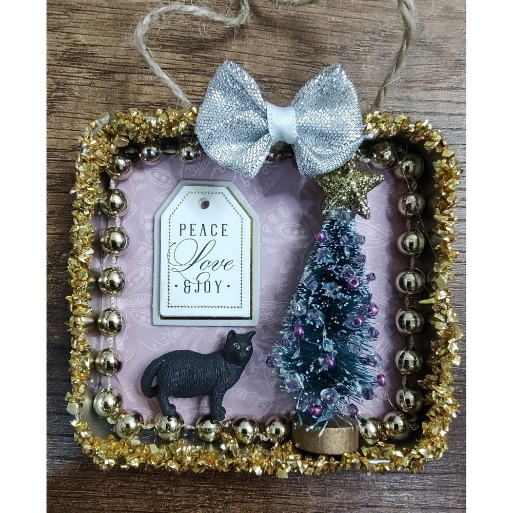 Cat Christmas Ornament Handmade Vtg Style OOAK Miniature Tobacco Tin Diorama